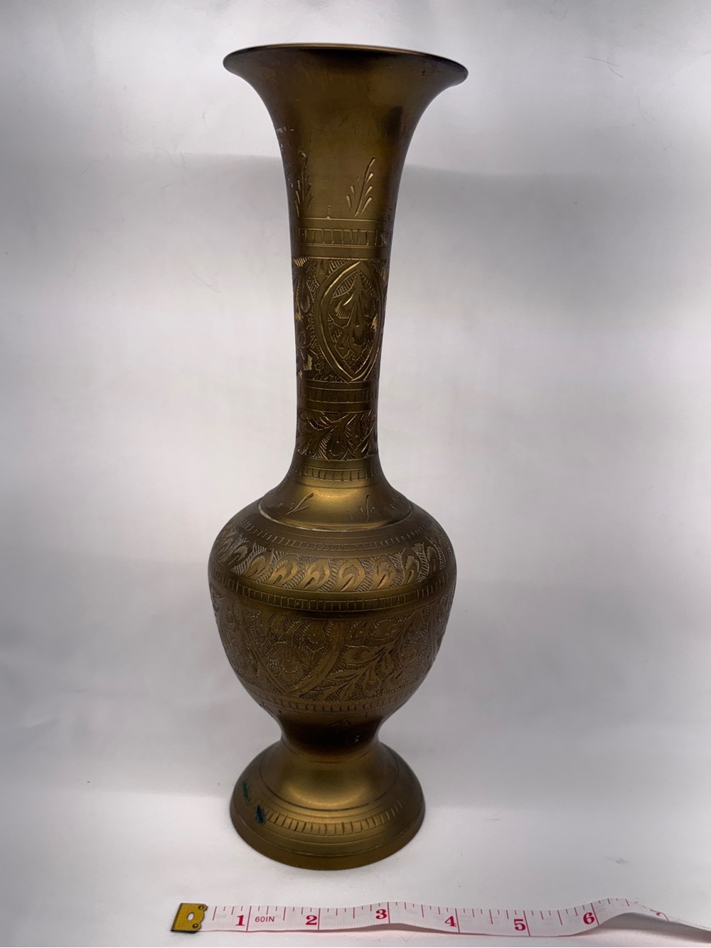 Vintage Ornate Etched Brass Vase – Detailed Floral Engravings, 12" Tall